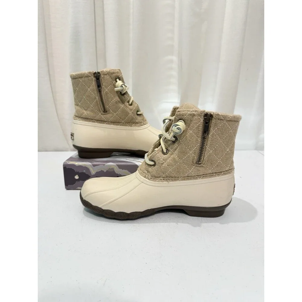 Sperry Saltwater Quilted Wool Duck Boots Cream / Beige Waterproof Women's Sz 6.5